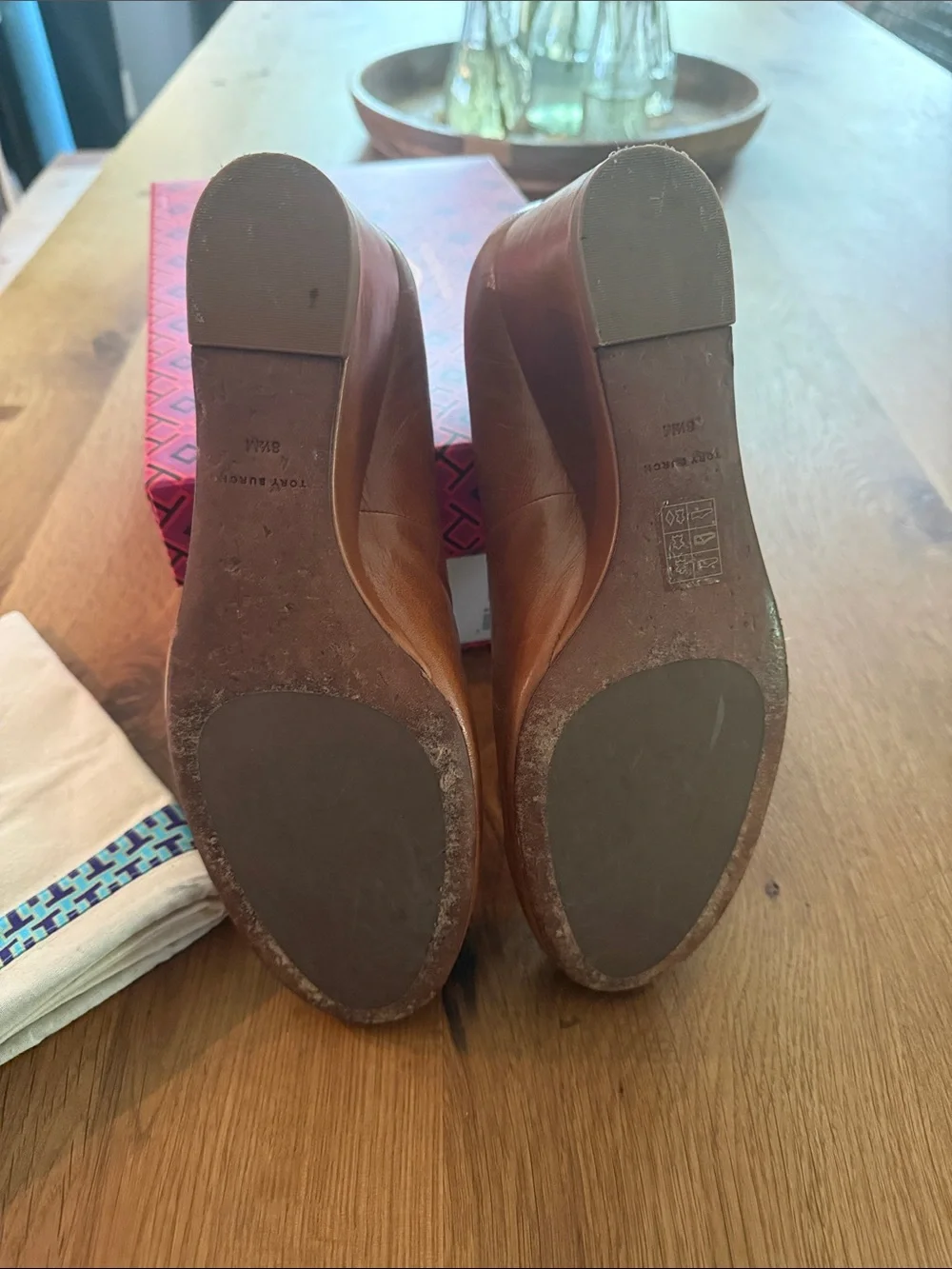 Worn Once! Tory Burch Cognac Leather Wedge Pumps with Gold Logo